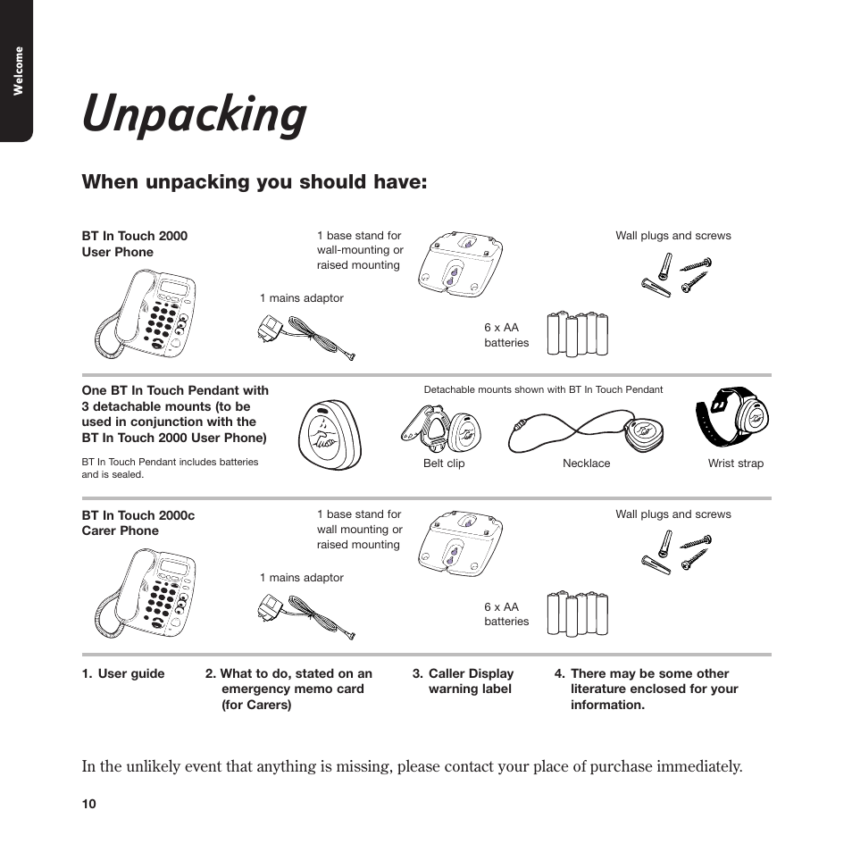 Unpacking, When unpacking you should have | BT In Touch 2000 User Manual | Page 10 / 108