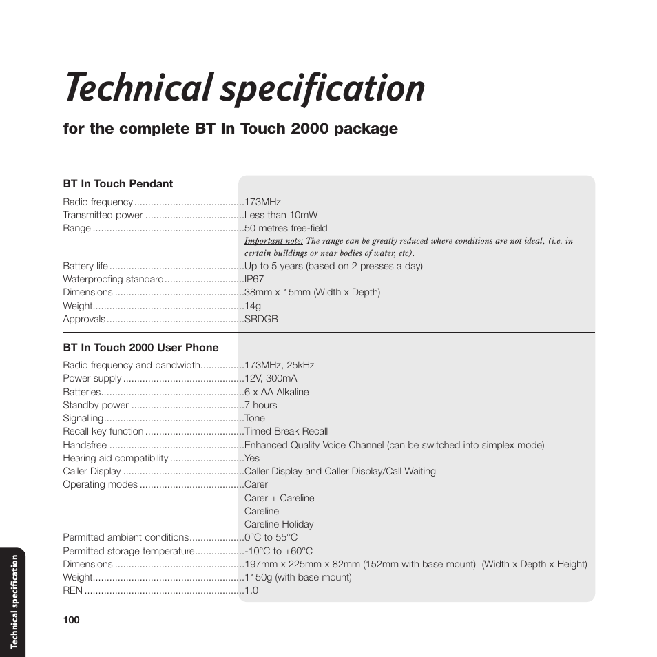 Technical specification, For the complete bt in touch 2000 package | BT In Touch 2000 User Manual | Page 100 / 108