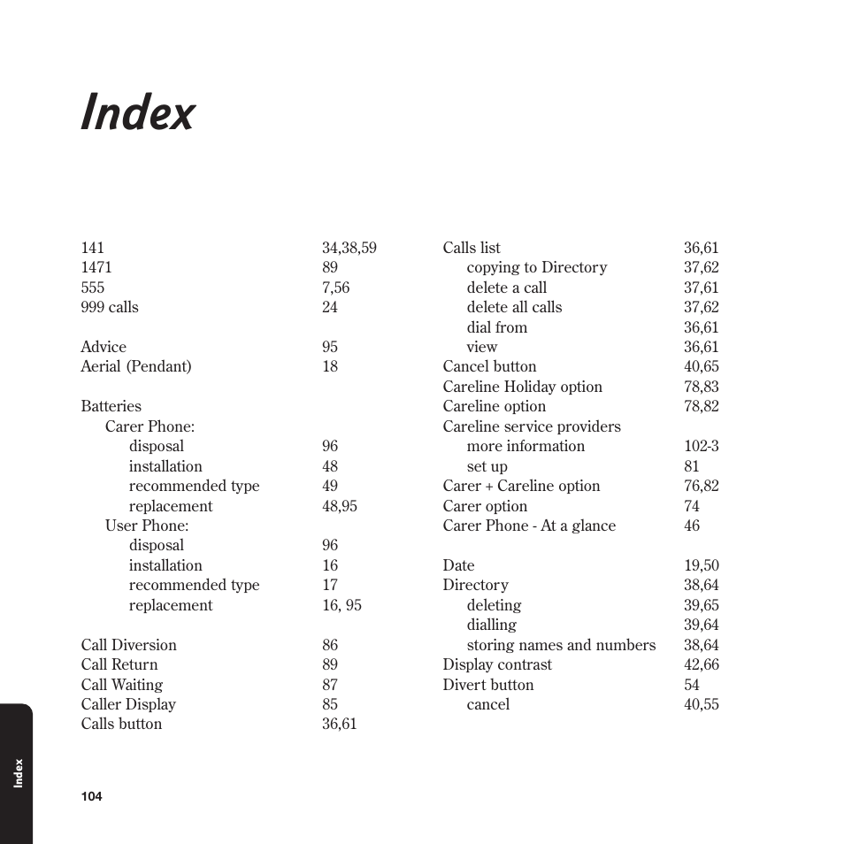 Index | BT In Touch 2000 User Manual | Page 104 / 108