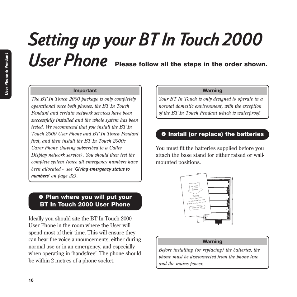 Setting up your bt in touch 2000 user phone | BT In Touch 2000 User Manual | Page 16 / 108