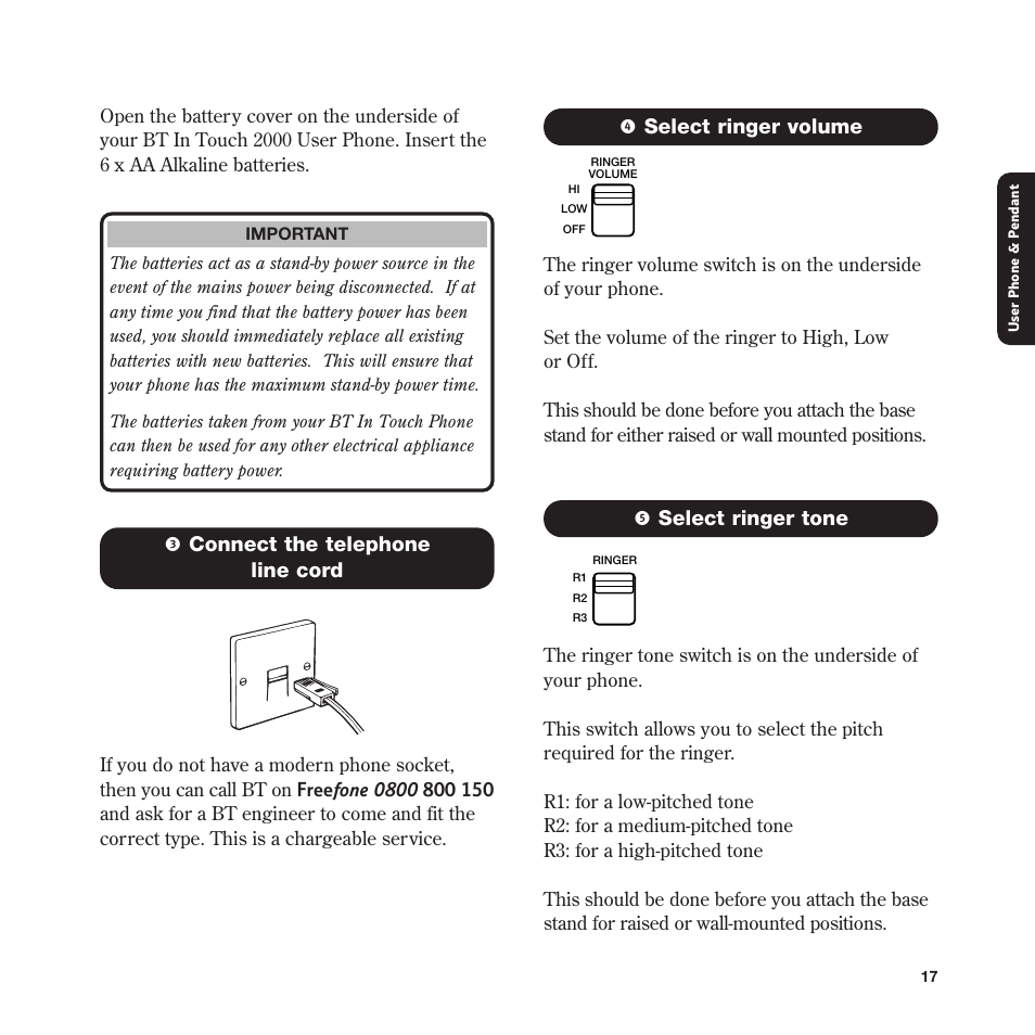 3 connect the telephone line cord, 4 select ringer volume, 5 select ringer tone | BT In Touch 2000 User Manual | Page 17 / 108