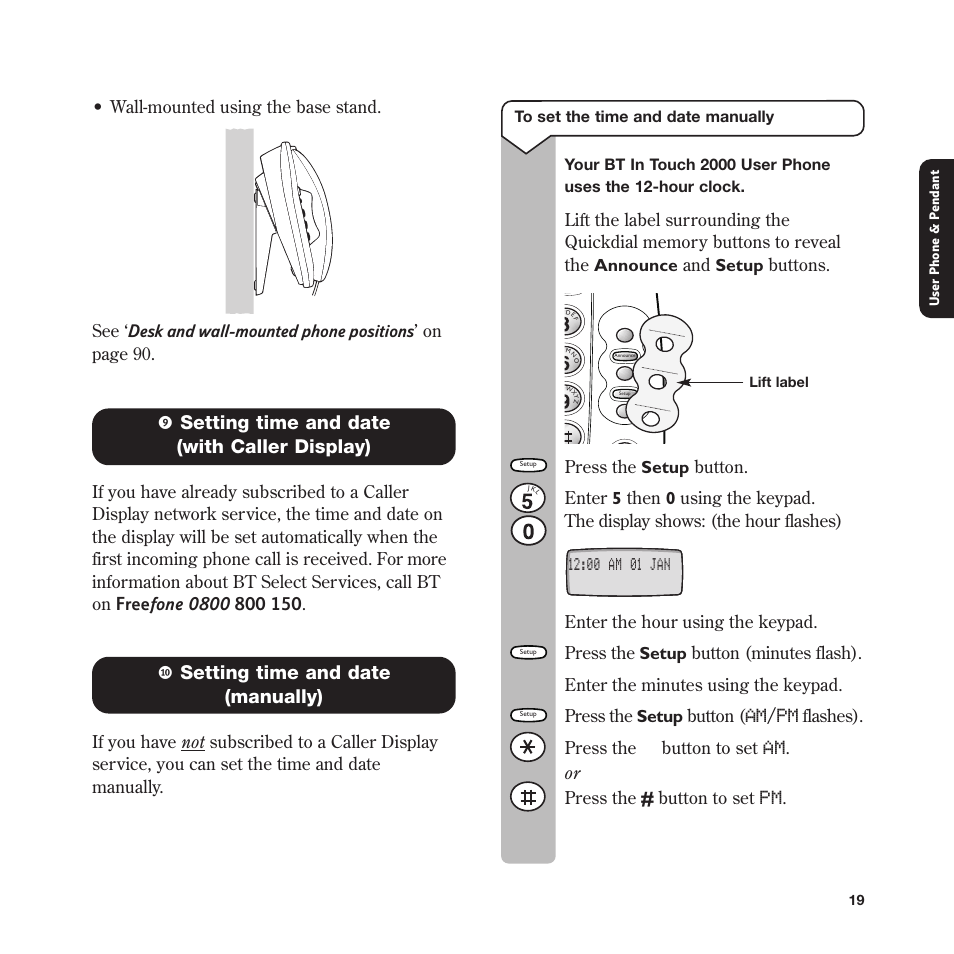 9 setting time and date (with caller display), 0 setting time and date (manually), Am /pm | BT In Touch 2000 User Manual | Page 19 / 108