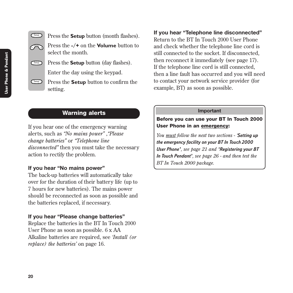 Warning alerts | BT In Touch 2000 User Manual | Page 20 / 108
