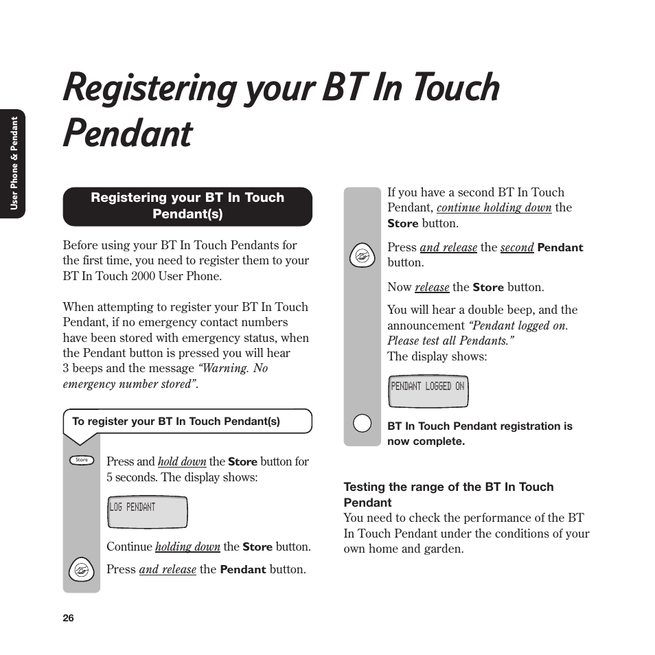 Registering your bt in touch pendant | BT In Touch 2000 User Manual | Page 26 / 108