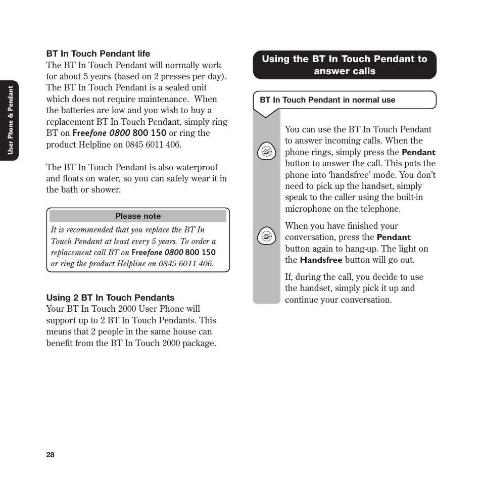 Using the bt in touch pendant to answer calls | BT In Touch 2000 User Manual | Page 28 / 108