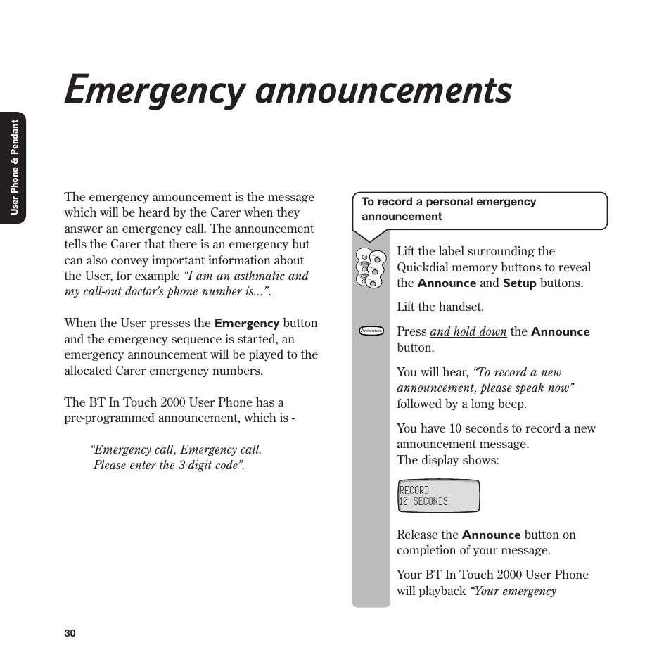 Emergency announcements | BT In Touch 2000 User Manual | Page 30 / 108