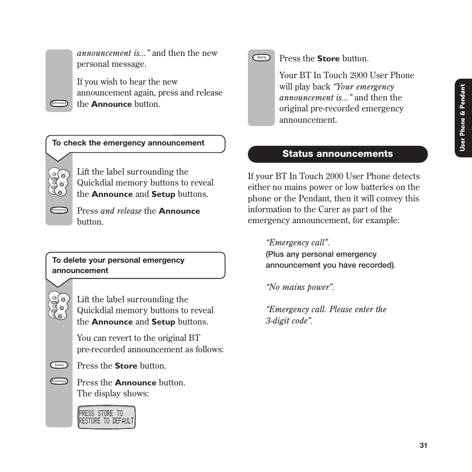 Status announcements | BT In Touch 2000 User Manual | Page 31 / 108