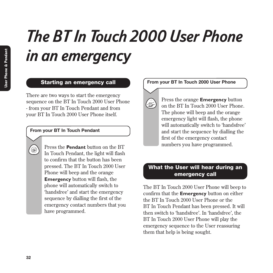The bt in touch 2000 user phone in an emergency | BT In Touch 2000 User Manual | Page 32 / 108