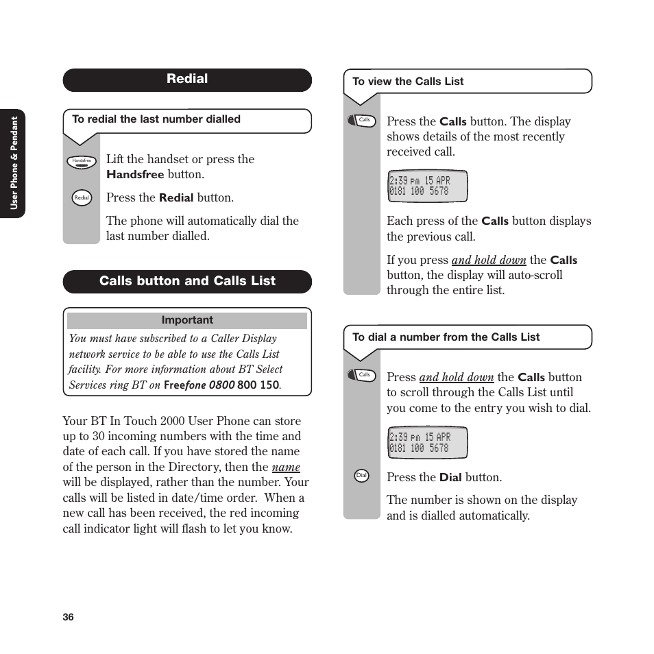 Redial, Calls button and calls list | BT In Touch 2000 User Manual | Page 36 / 108