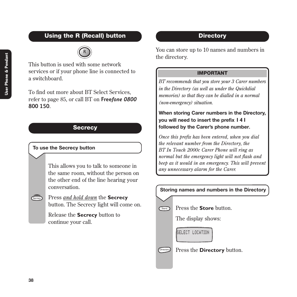 Using the r (recall) button, Secrecy, Directory | BT In Touch 2000 User Manual | Page 38 / 108