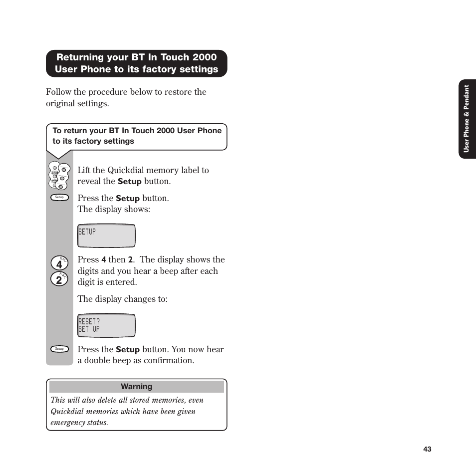 Setup reset? set up | BT In Touch 2000 User Manual | Page 43 / 108