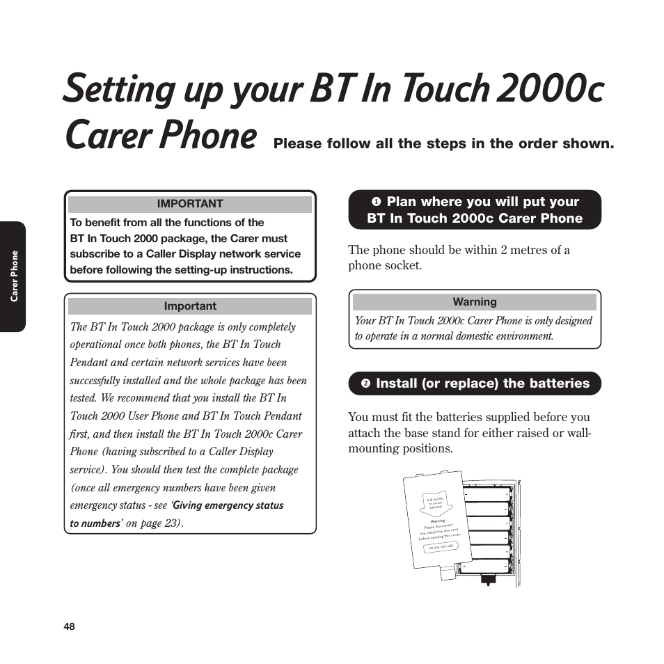 Setting up your bt in touch 2000c carer phone | BT In Touch 2000 User Manual | Page 48 / 108
