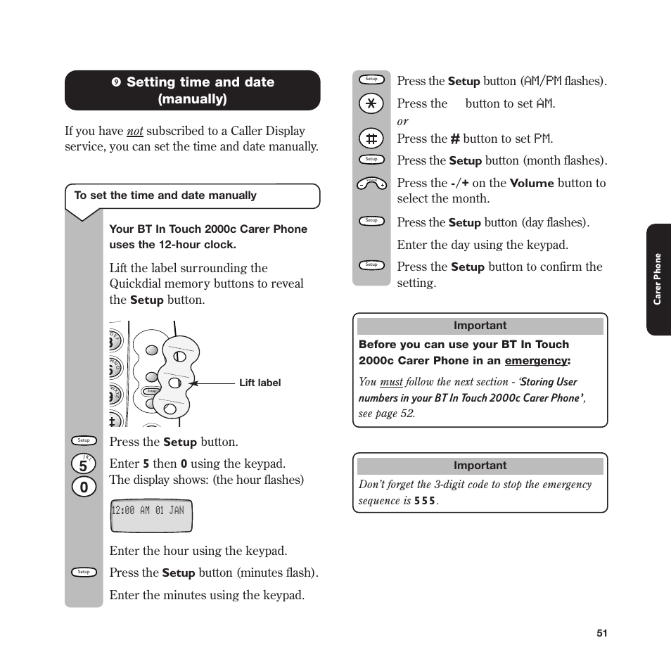 9 setting time and date (manually), Am /pm | BT In Touch 2000 User Manual | Page 51 / 108