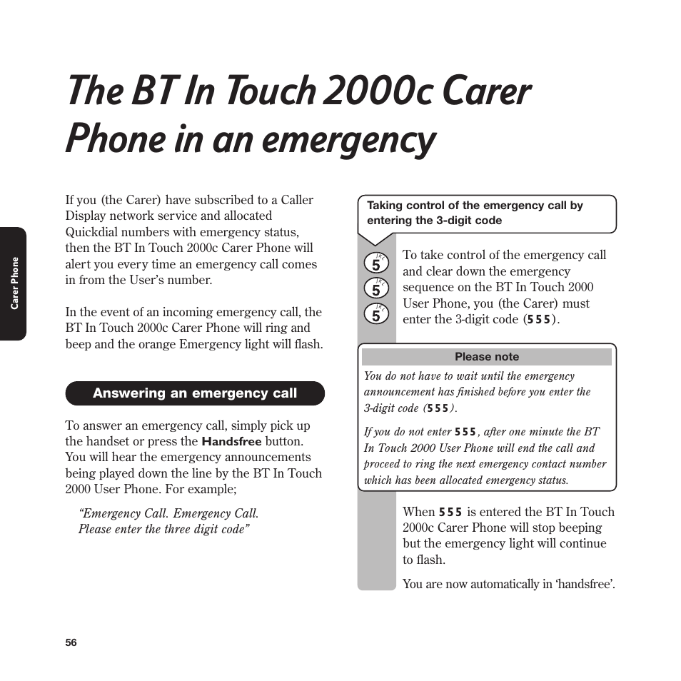 The bt in touch 2000c carer phone in an emergency | BT In Touch 2000 User Manual | Page 56 / 108