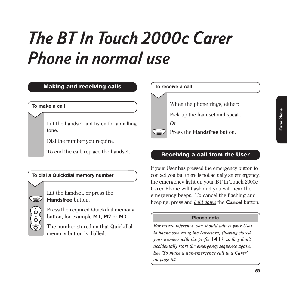 The bt in touch 2000c carer phone in normal use, Making and receiving calls, Receiving a call from the user | BT In Touch 2000 User Manual | Page 59 / 108