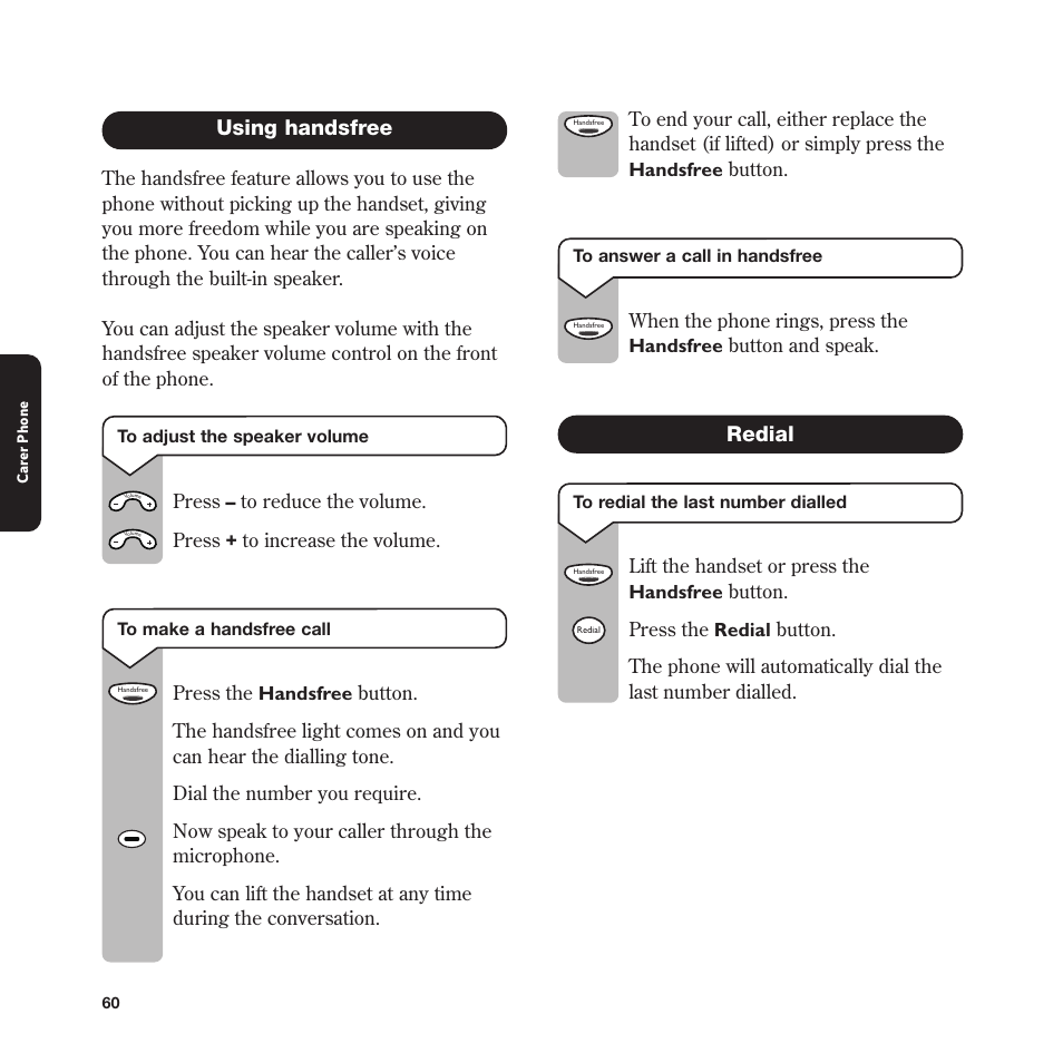 Using handsfree, Redial | BT In Touch 2000 User Manual | Page 60 / 108