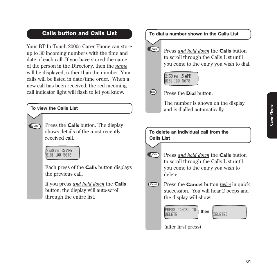 Calls button and calls list | BT In Touch 2000 User Manual | Page 61 / 108