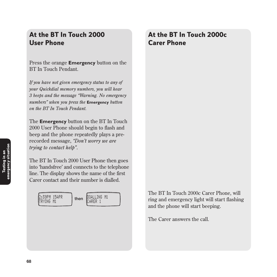 At the bt in touch 2000 user phone, At the bt in touch 2000c carer phone | BT In Touch 2000 User Manual | Page 68 / 108