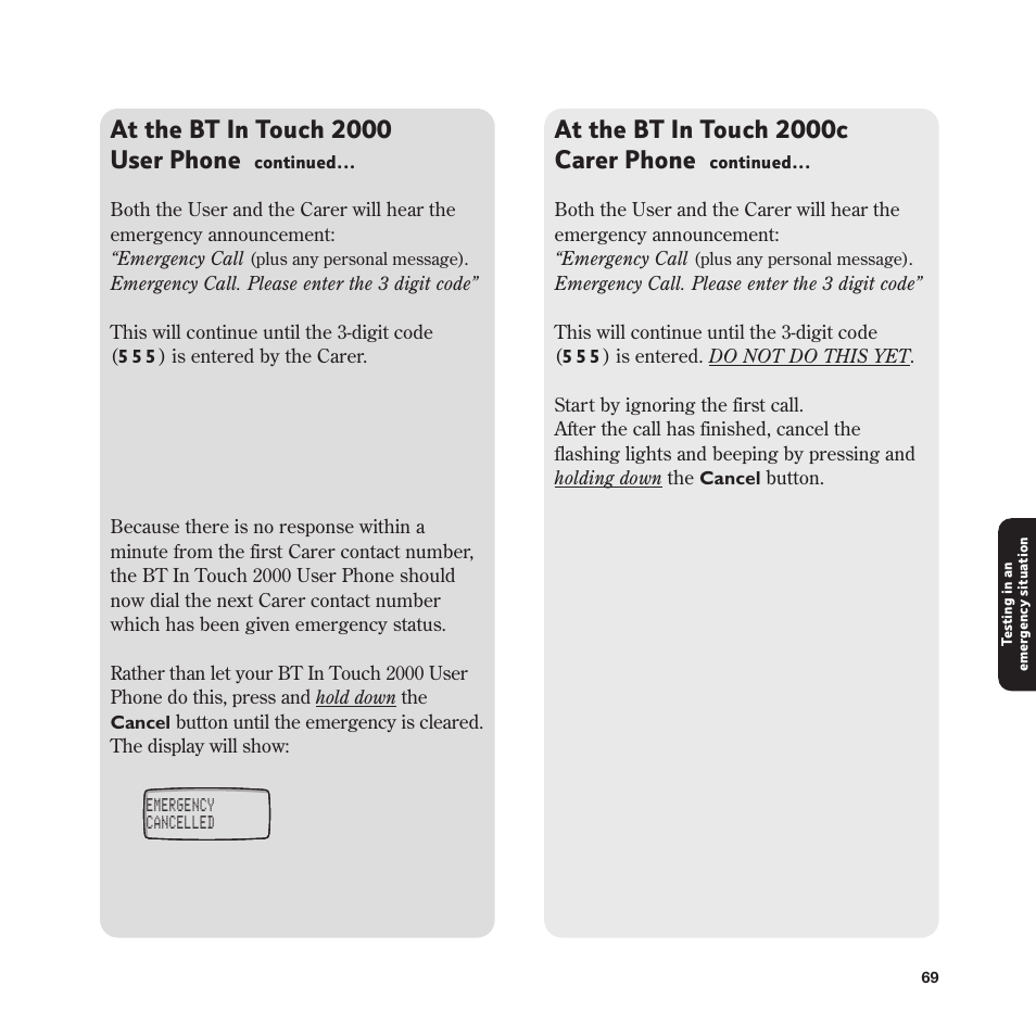 At the bt in touch 2000 user phone, At the bt in touch 2000c carer phone | BT In Touch 2000 User Manual | Page 69 / 108