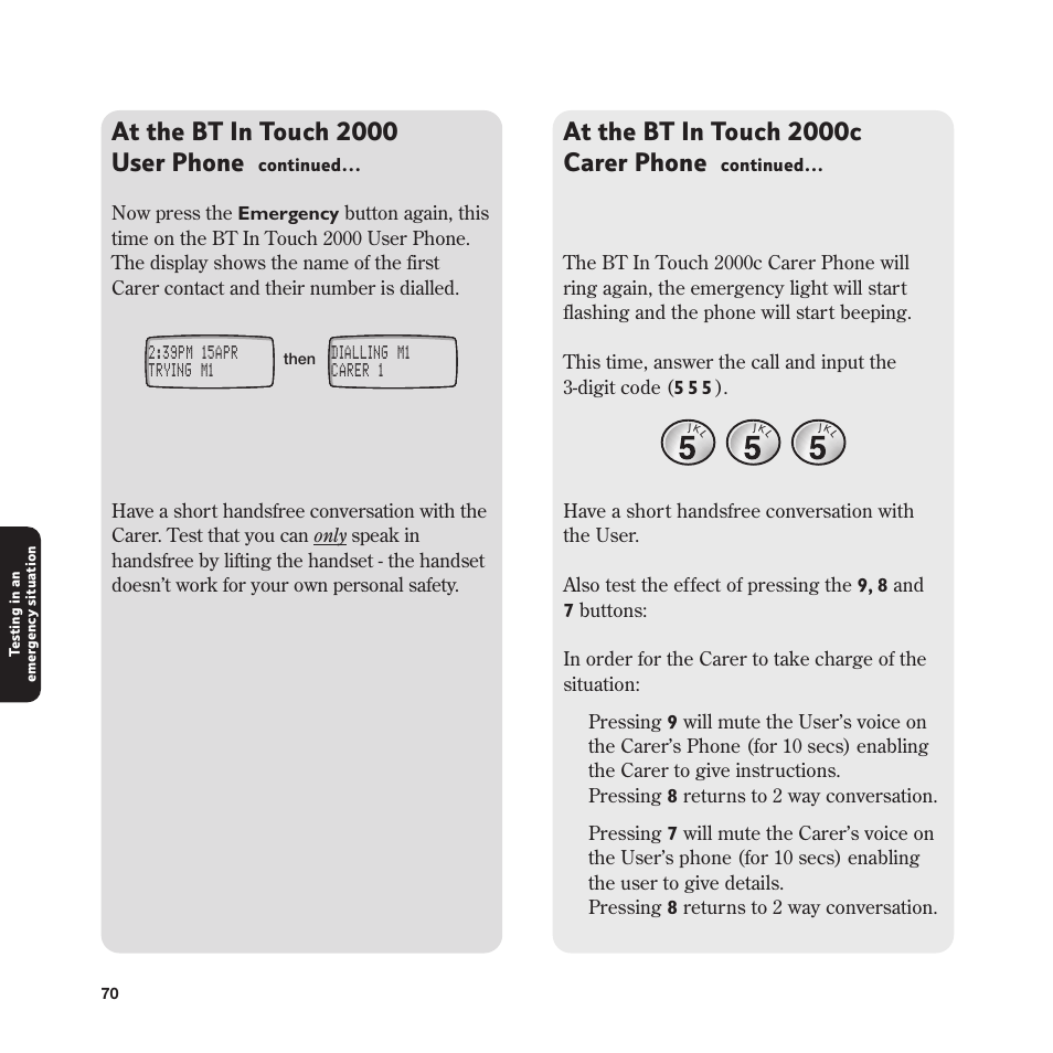 At the bt in touch 2000 user phone, At the bt in touch 2000c carer phone | BT In Touch 2000 User Manual | Page 70 / 108