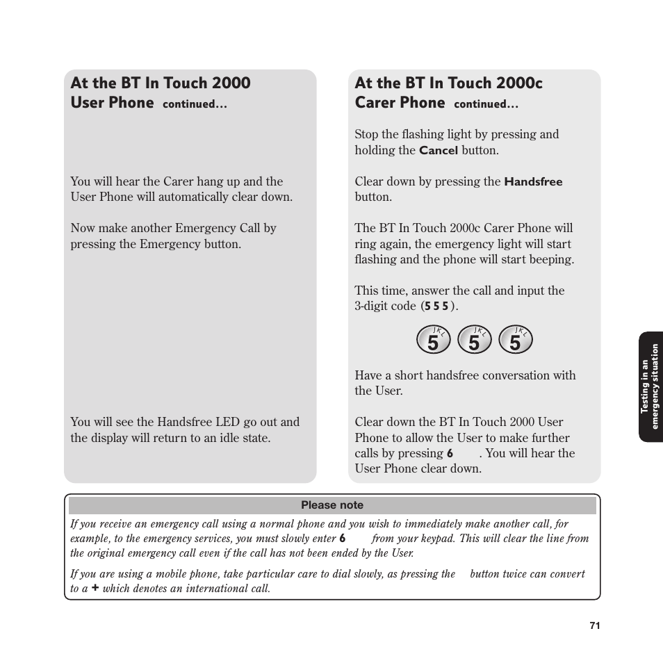 At the bt in touch 2000 user phone, At the bt in touch 2000c carer phone | BT In Touch 2000 User Manual | Page 71 / 108