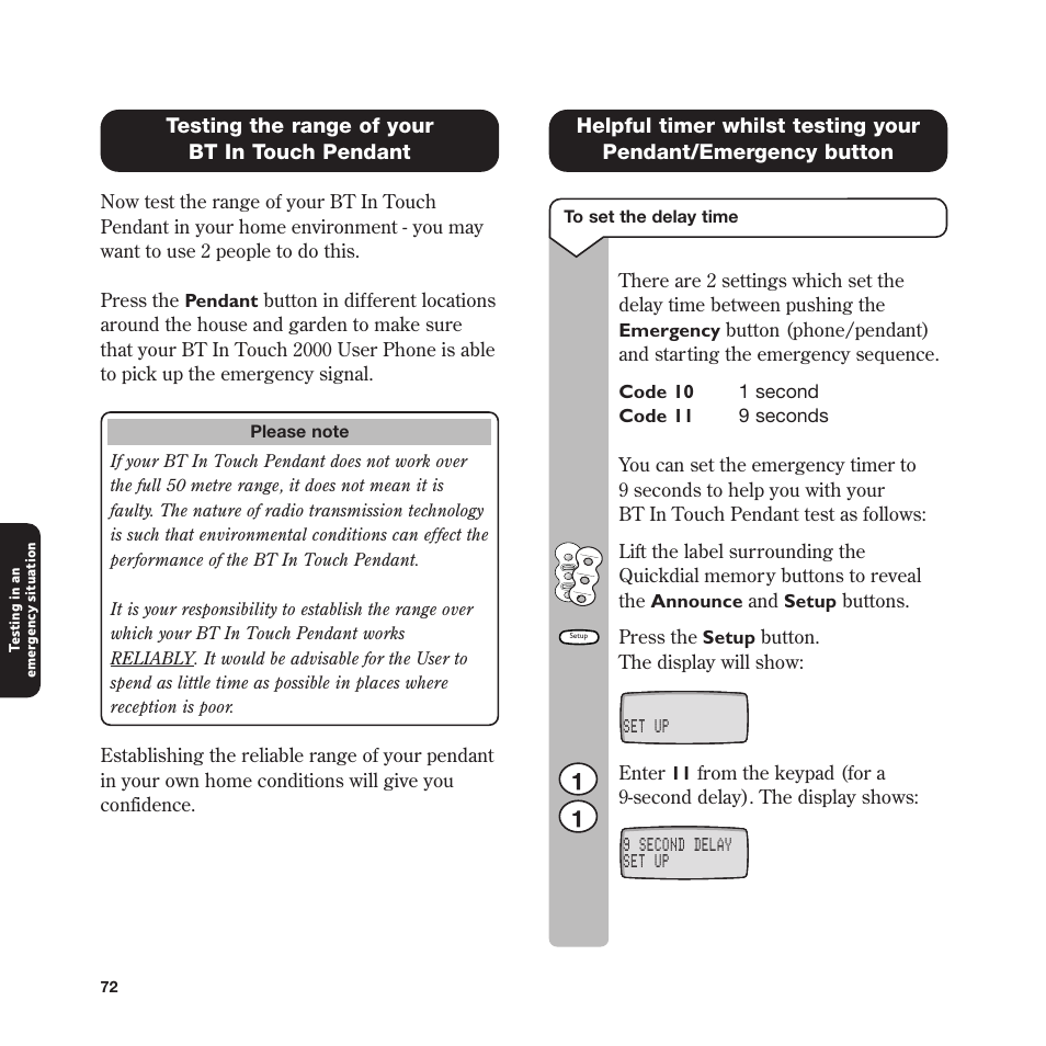 Testing the range of your bt in touch pendant | BT In Touch 2000 User Manual | Page 72 / 108