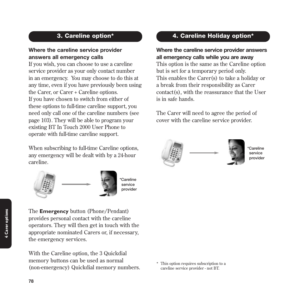 Careline option, Careline holiday option | BT In Touch 2000 User Manual | Page 78 / 108