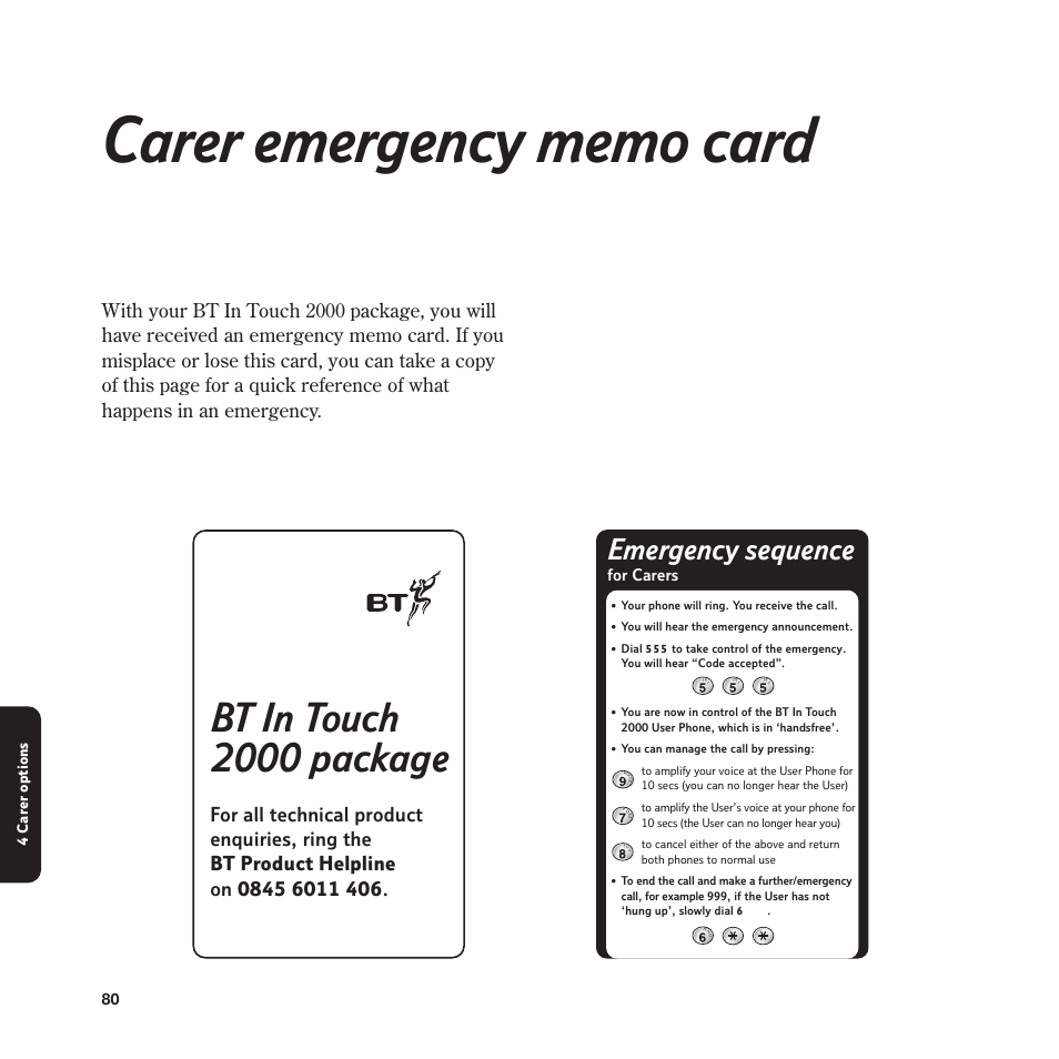 Bt in touch 2000 package, Emergency sequence | BT In Touch 2000 User Manual | Page 80 / 108