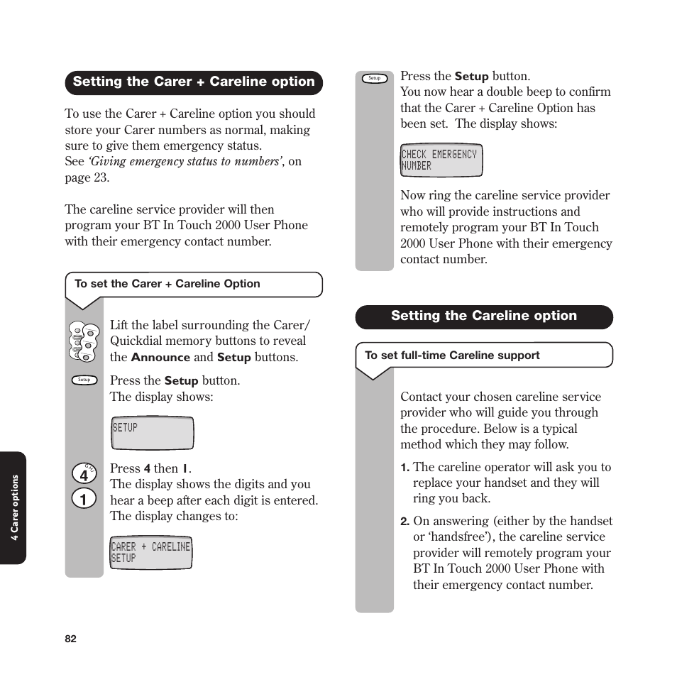 Setting the carer + careline option, Setting the careline option | BT In Touch 2000 User Manual | Page 82 / 108