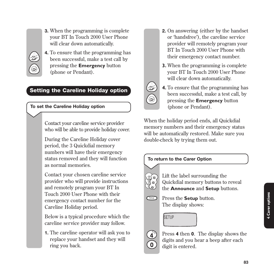 Setting the careline holiday option | BT In Touch 2000 User Manual | Page 83 / 108