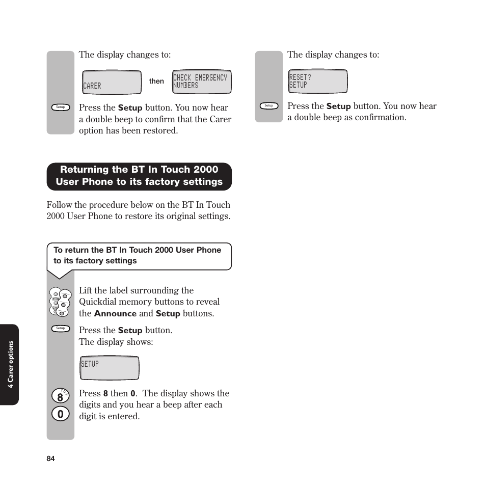 Carer check emergency numbers, Reset? setup, Setup | BT In Touch 2000 User Manual | Page 84 / 108