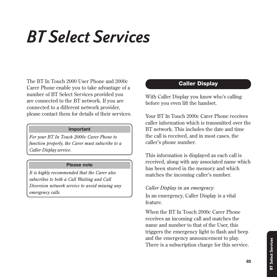 Bt select services | BT In Touch 2000 User Manual | Page 85 / 108