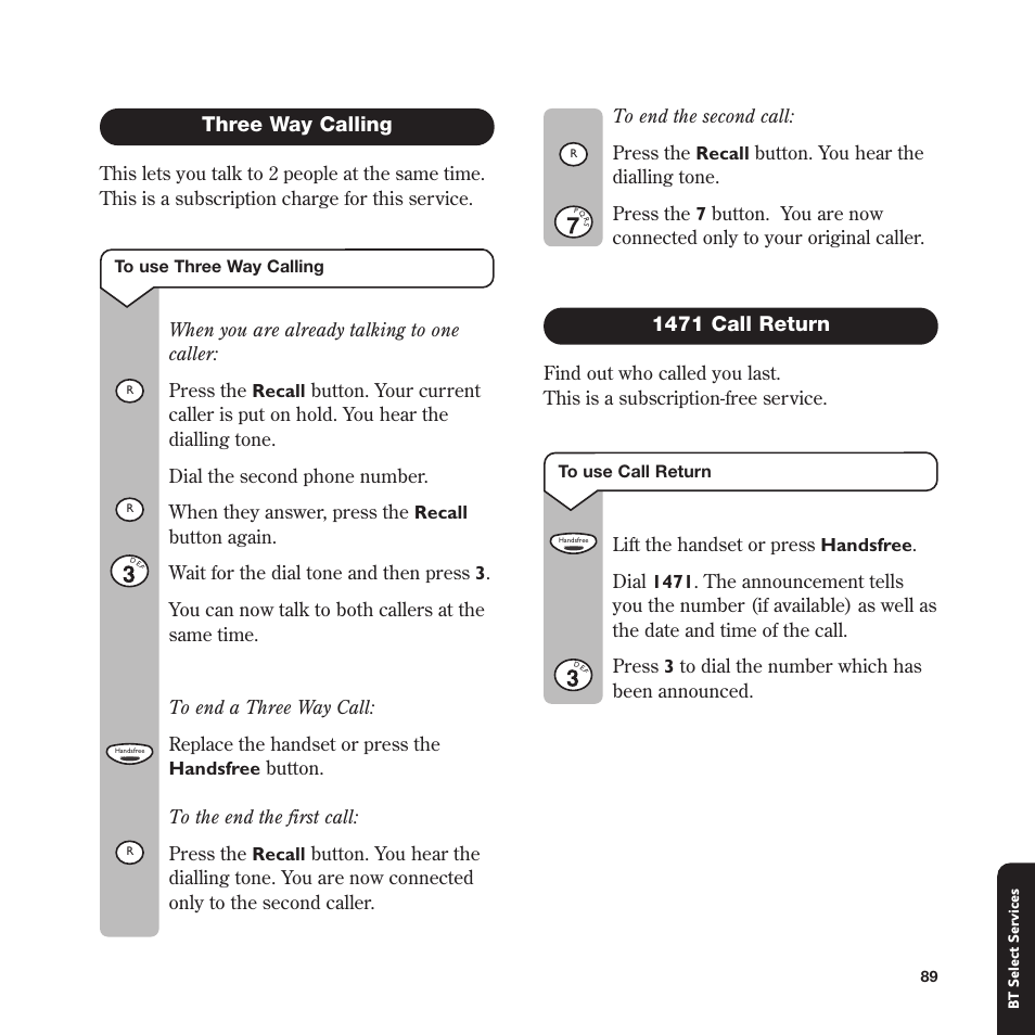 Three way calling, 1471 call return | BT In Touch 2000 User Manual | Page 89 / 108
