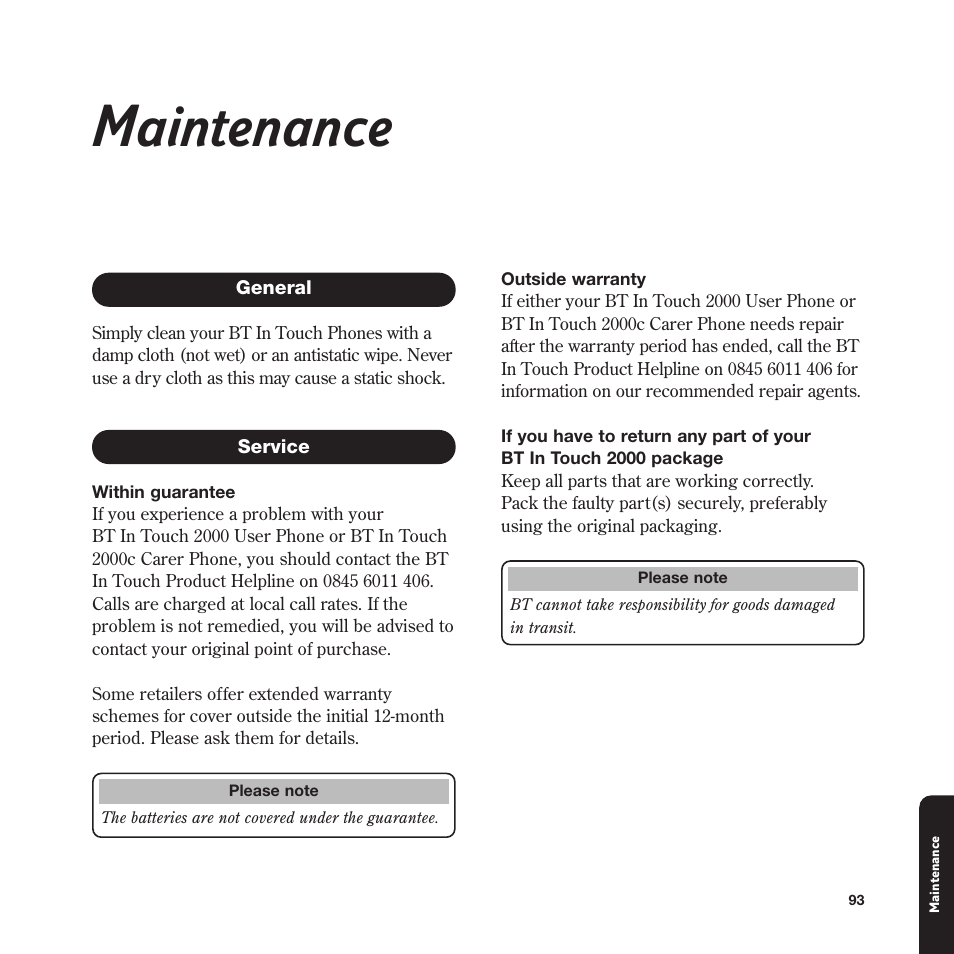 Maintenance | BT In Touch 2000 User Manual | Page 93 / 108