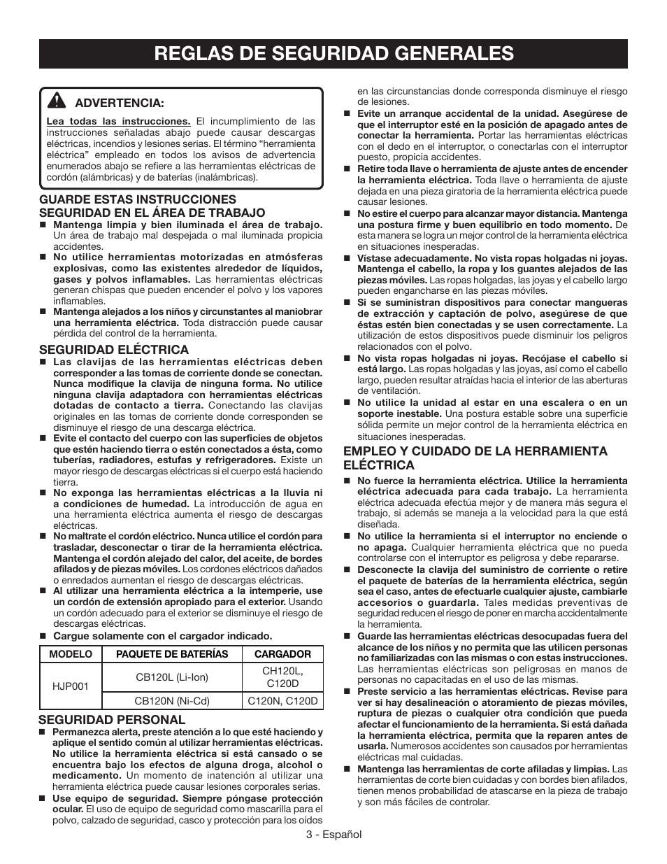 Reglas de seguridad generales | Ryobi HJP001 User Manual | Page 19 / 28