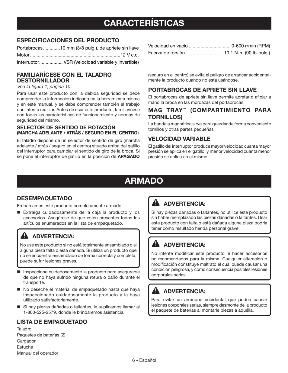 Características, Armado | Ryobi HJP001 User Manual | Page 22 / 28