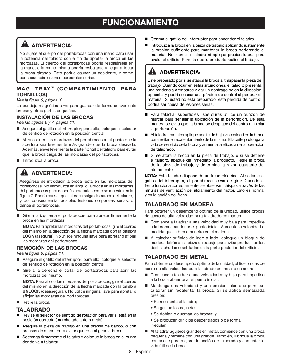 Funcionamiento, Advertencia, Taladrado | Taladrado en madera, Taladrado en metal | Ryobi HJP001 User Manual | Page 24 / 28