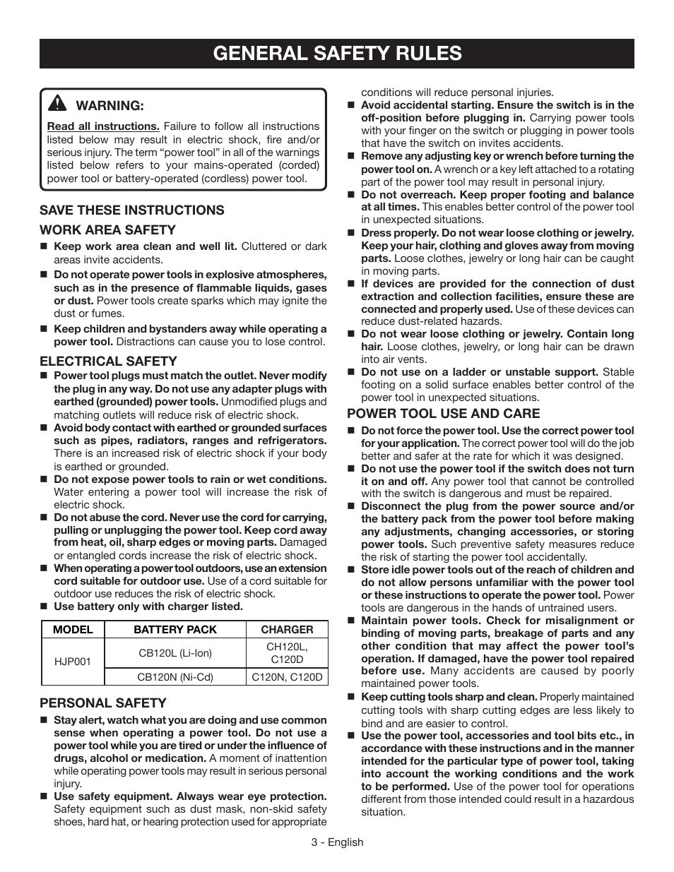 General safety rules | Ryobi HJP001 User Manual | Page 3 / 28