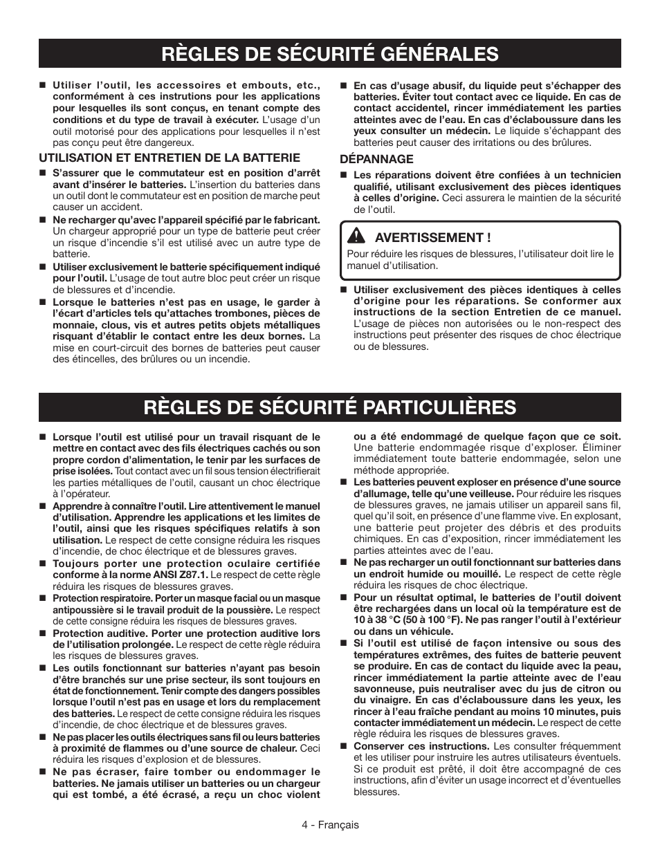 Avertissement | Ryobi HJP002 User Manual | Page 13 / 32