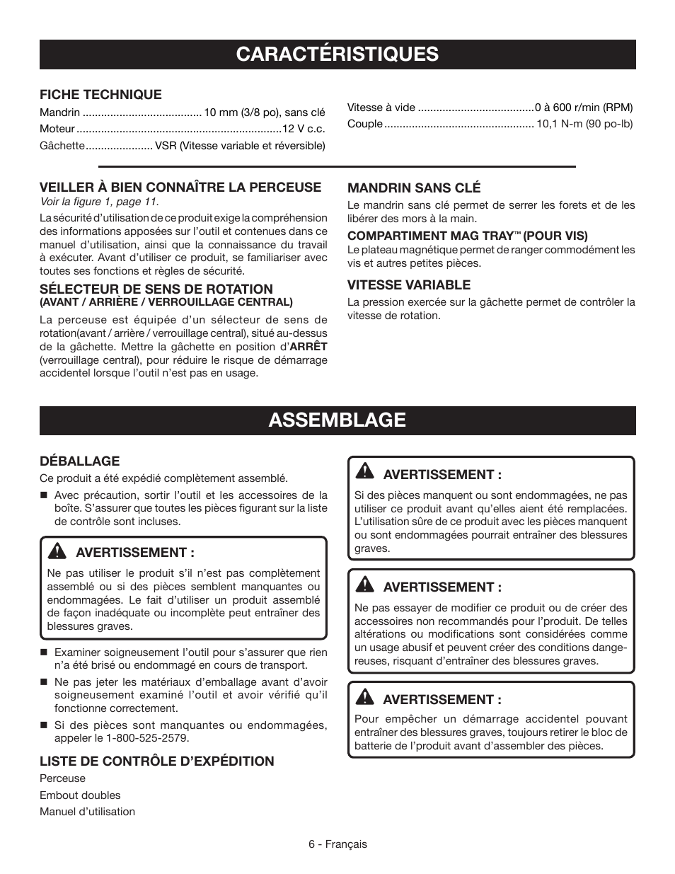 Caractéristiques, Assemblage | Ryobi HJP002 User Manual | Page 15 / 32