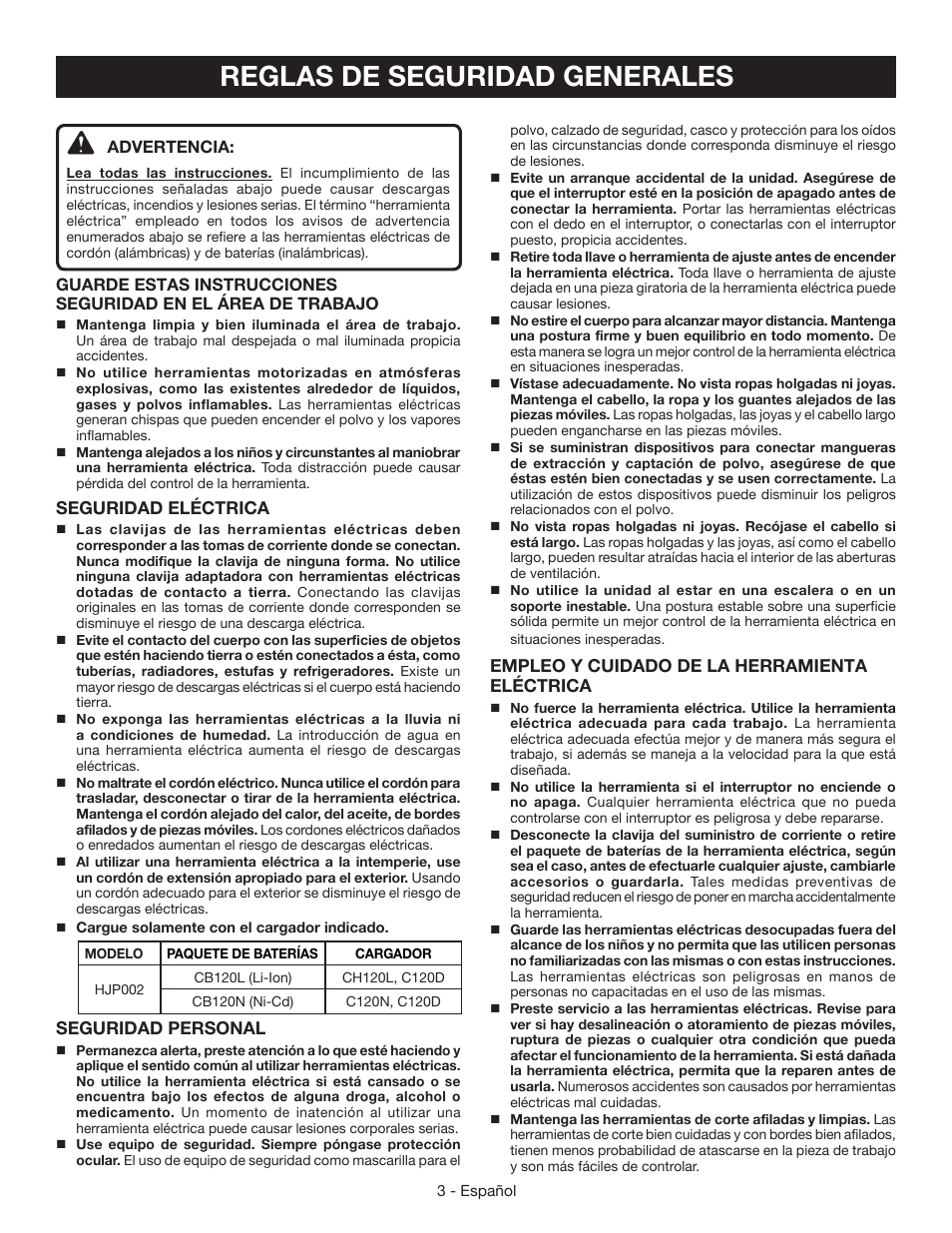 Reglas de seguridad generales | Ryobi HJP002 User Manual | Page 21 / 32