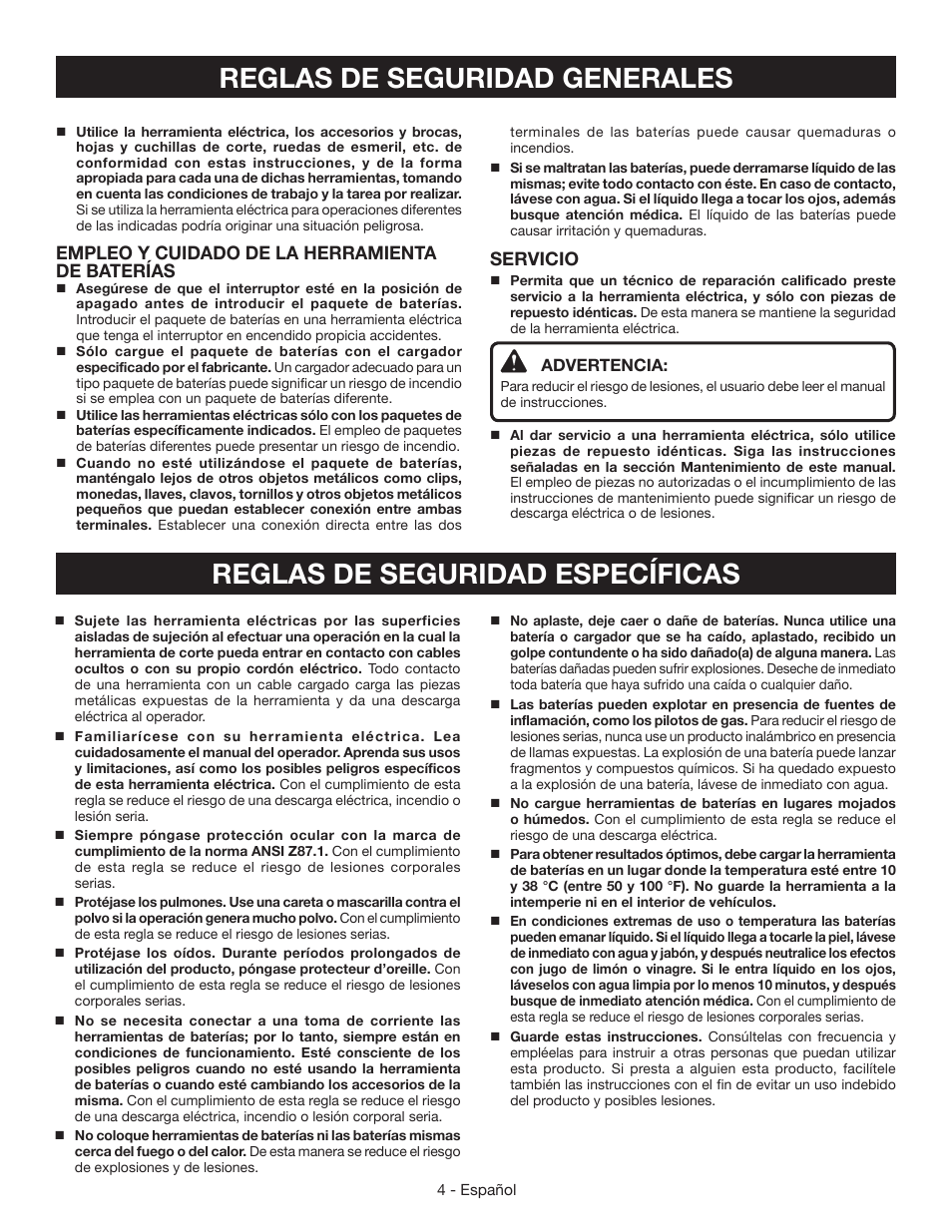 Empleo y cuidado de la herramienta de baterías, Servicio | Ryobi HJP002 User Manual | Page 22 / 32