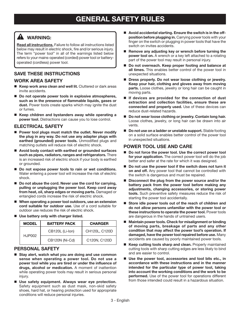 General safety rules, Warning, Save these instructions work area safety | Electrical safety, Personal safety, Power tool use and care | Ryobi HJP002 User Manual | Page 3 / 32