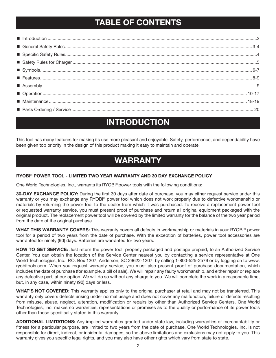 Table of contents introduction, Warranty | Ryobi HP214 User Manual | Page 2 / 20