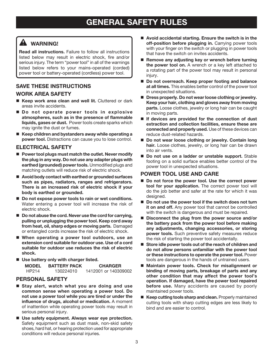 General safety rules | Ryobi HP214 User Manual | Page 3 / 20