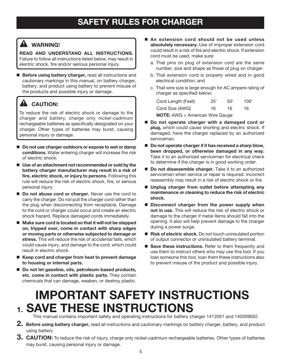 Important safety instructions, Save these instructions, Safety rules for charger | Ryobi HP214 User Manual | Page 5 / 20