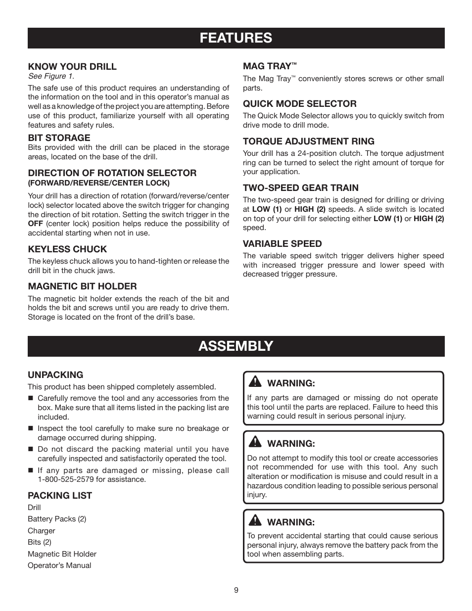 Features, Assembly | Ryobi HP214 User Manual | Page 9 / 20