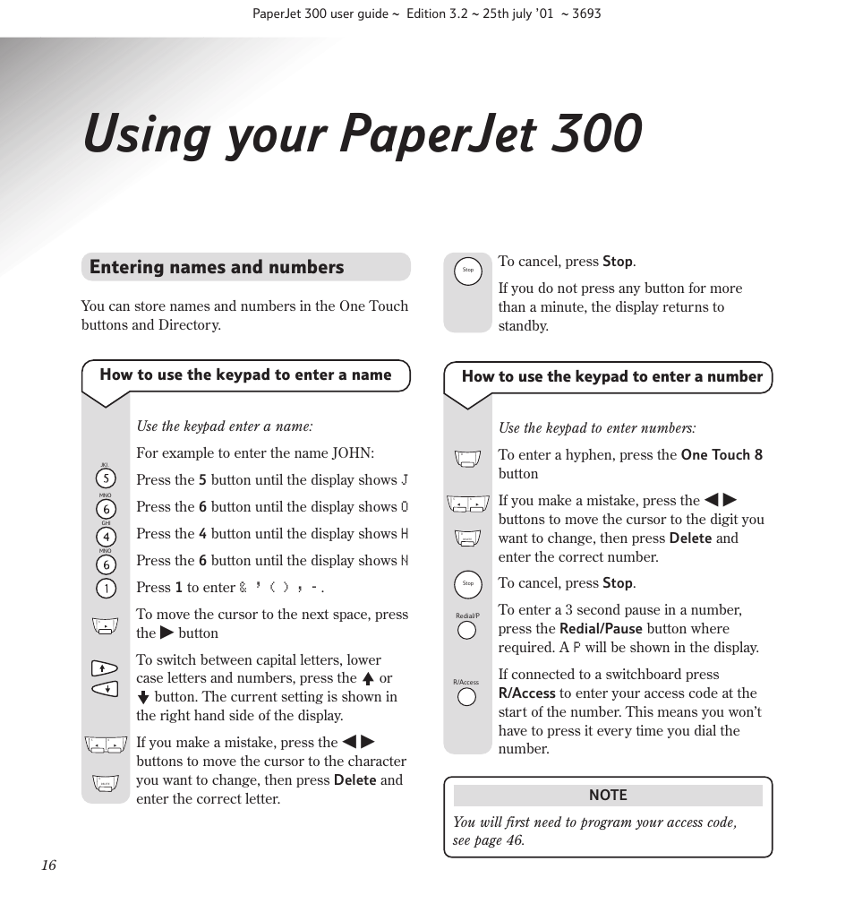 Using your paperjet 300, Entering names and numbers, How to use the keypad to enter a name | How to use the keypad to enter a number | BT PC Scanner User Manual | Page 18 / 66