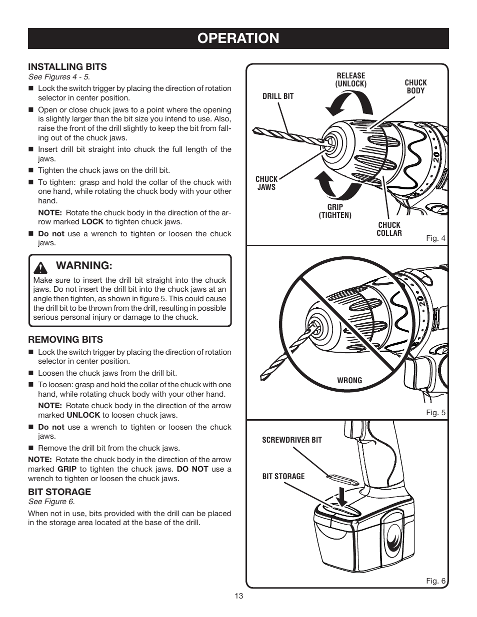 Operation, Warning | Ryobi HP4720 User Manual | Page 13 / 20