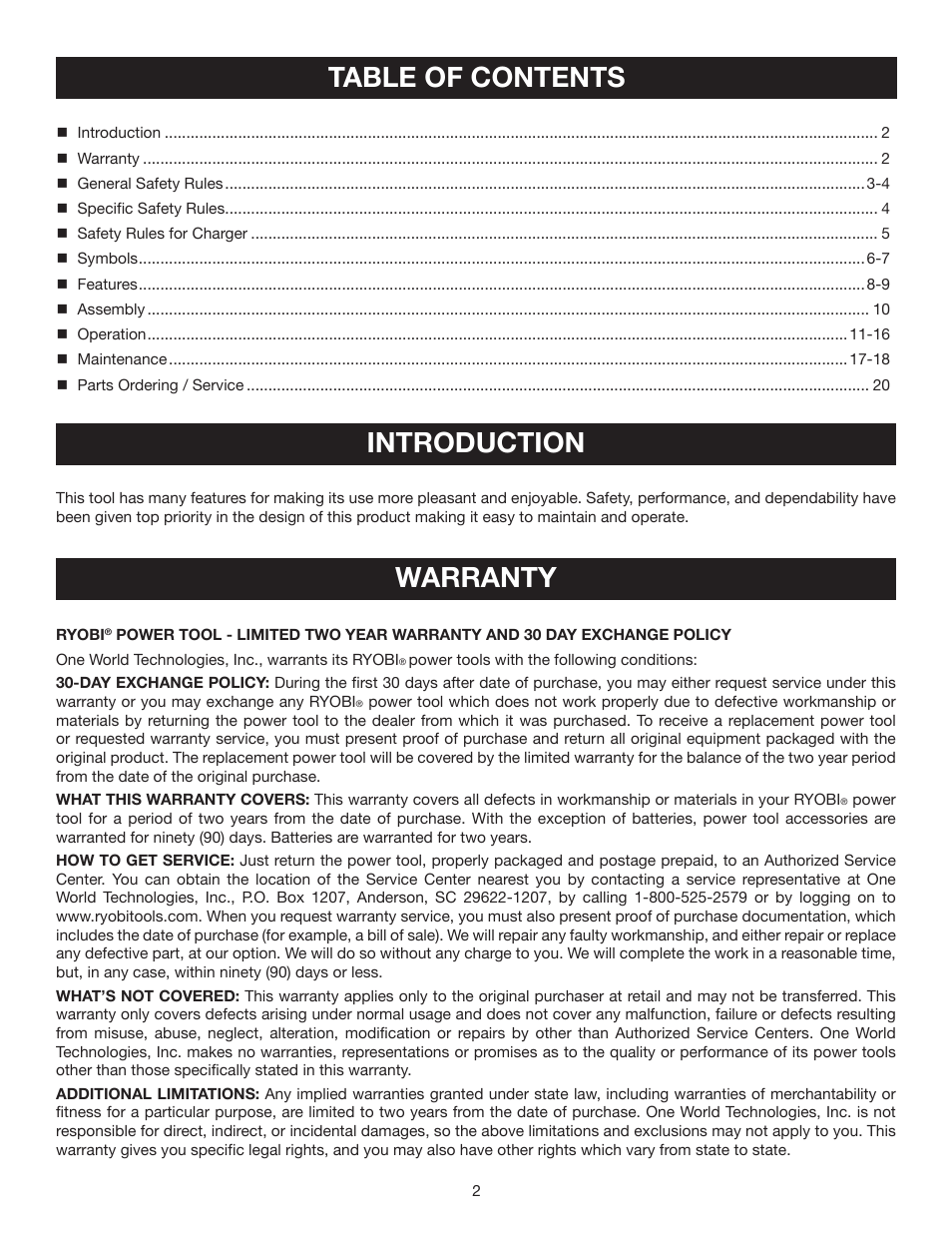 Table of contents introduction, Warranty | Ryobi HP4720 User Manual | Page 2 / 20